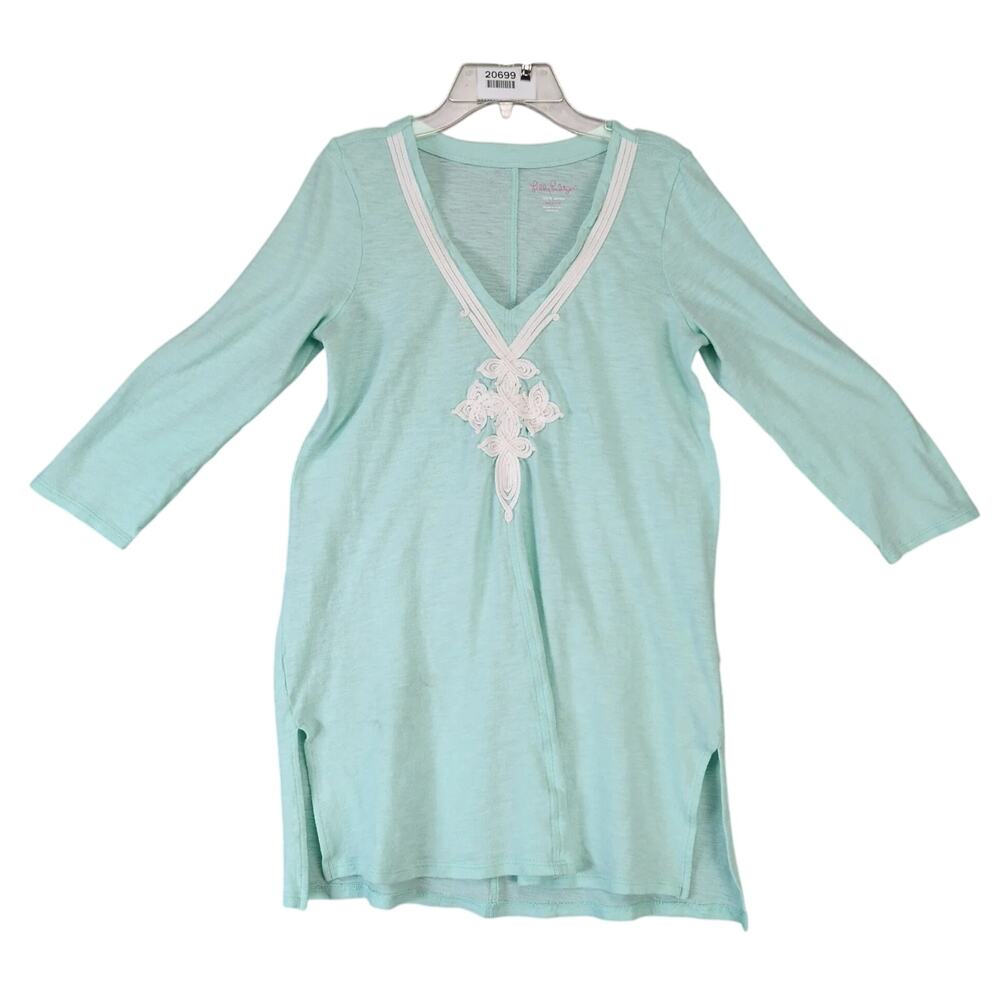 Lilly Pulitzer Thea Seafoam Tunic Top Women's M Side‎ Slit 3/4 Sleeve Applique